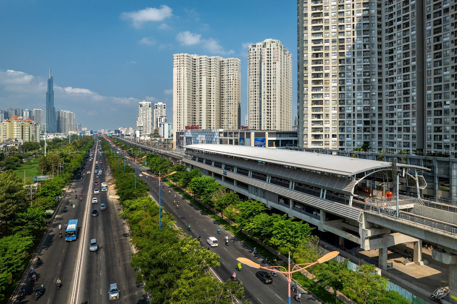 Aerial view of Metro Line 1 on its elevated track past An Phu station in Thao Dien, Ho Chi Minh City
