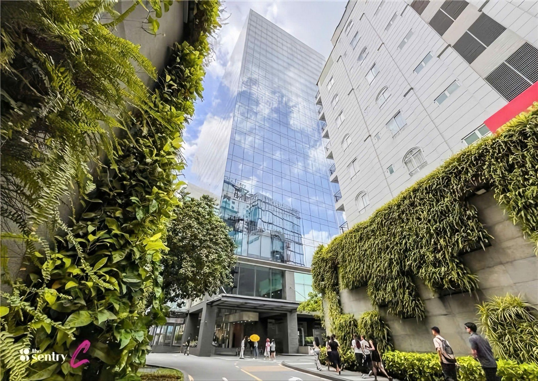 Sonatus Building glass facade rising above greenery on Le Thanh Ton Street