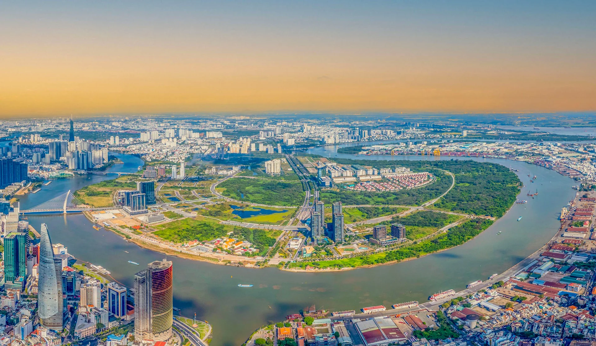 Aerial view of Thu Thiem and central Ho Chi Minh City