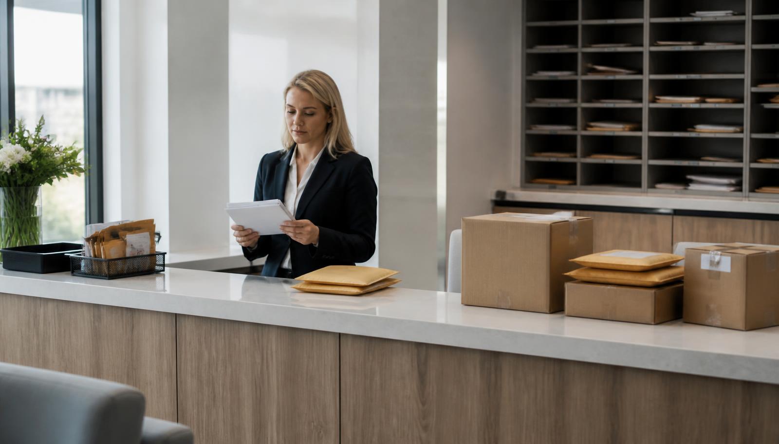 Modern business reception handling mail and correspondence