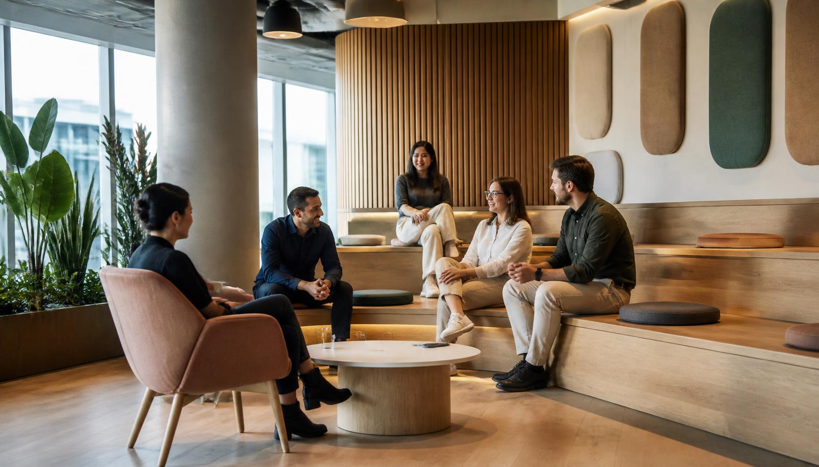 Collaborative breakout zone with tiered seating in a modern office