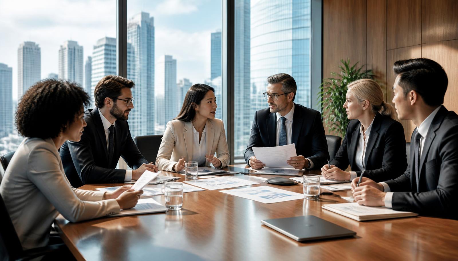 Business professionals meeting in an office with a city skyline view