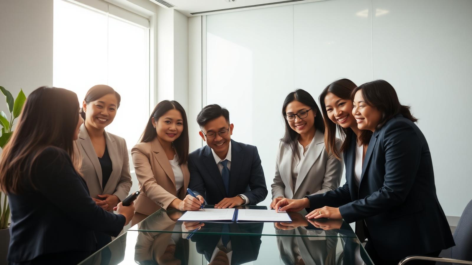 Foreign and Vietnamese colleagues signing an employment contract in a modern Ho Chi Minh City office