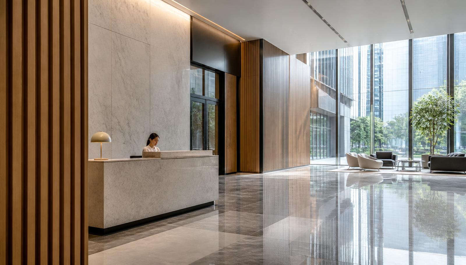 Premium Grade A office lobby with stone and timber finishes
