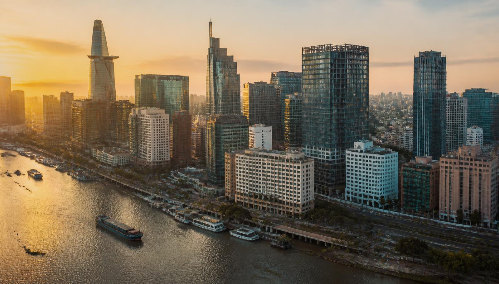 Ho Chi Minh City central business district skyline at golden hour