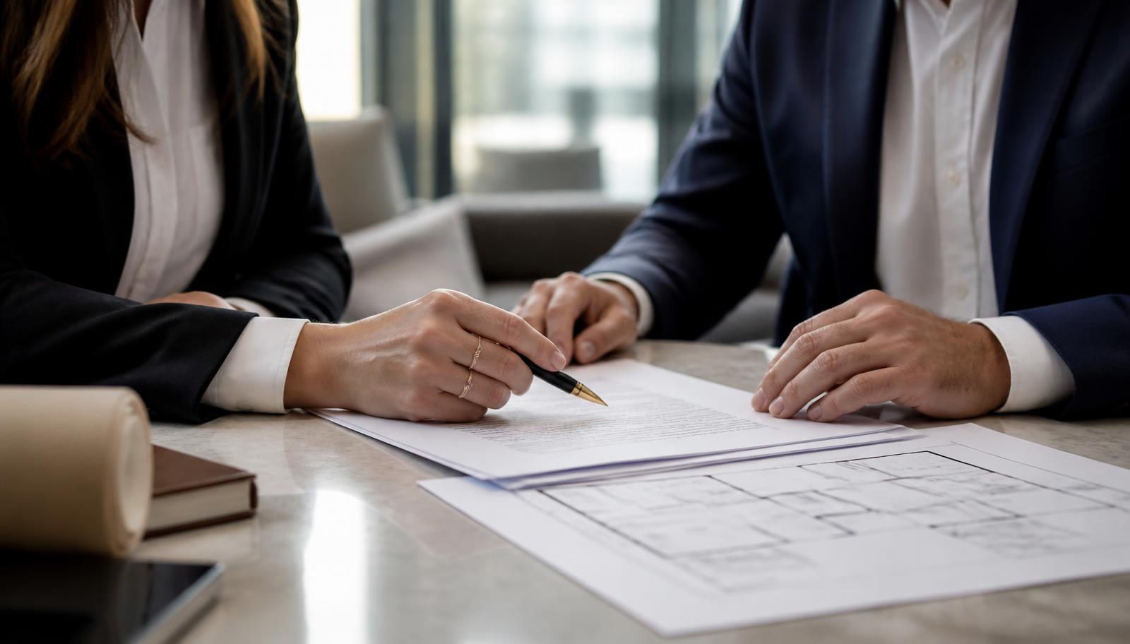 Two professionals reviewing a lease agreement and floor plans