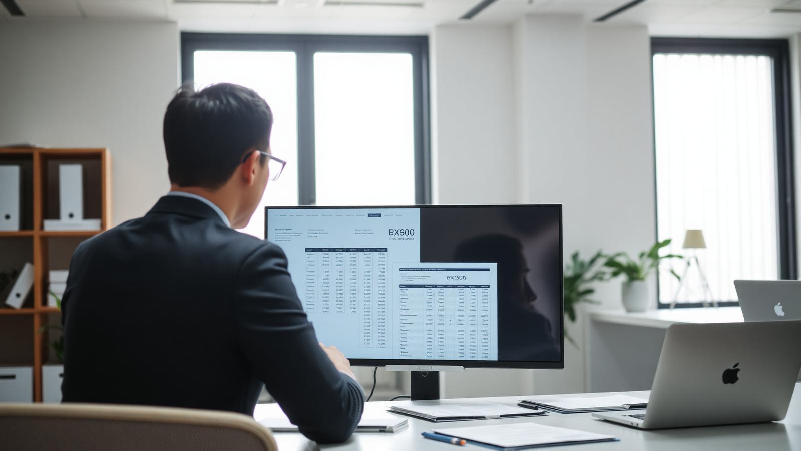 Manager reviewing payroll and insurance contributions on screen in a Vietnamese office