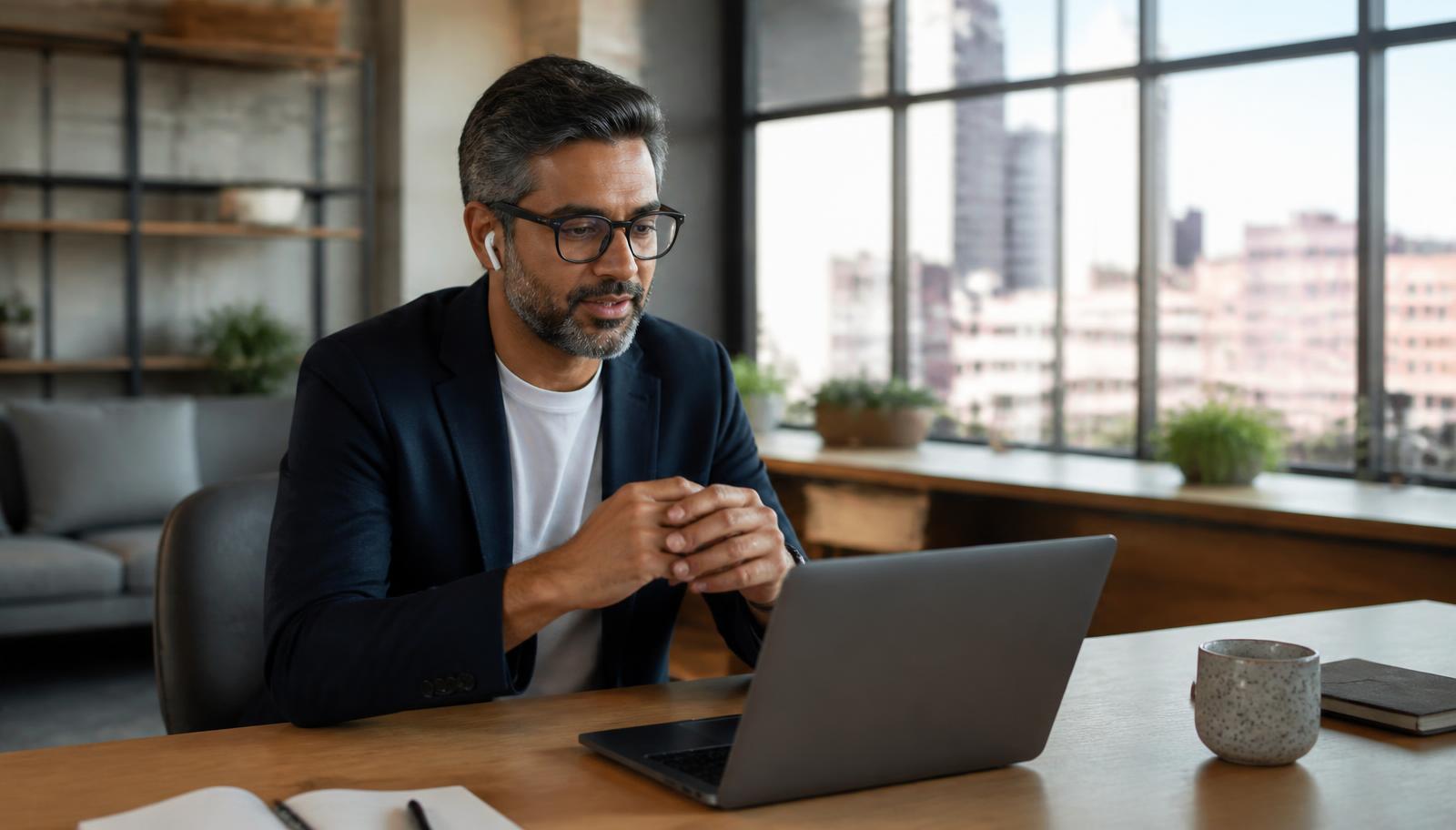 Business professional working on a laptop in a flexible workspace