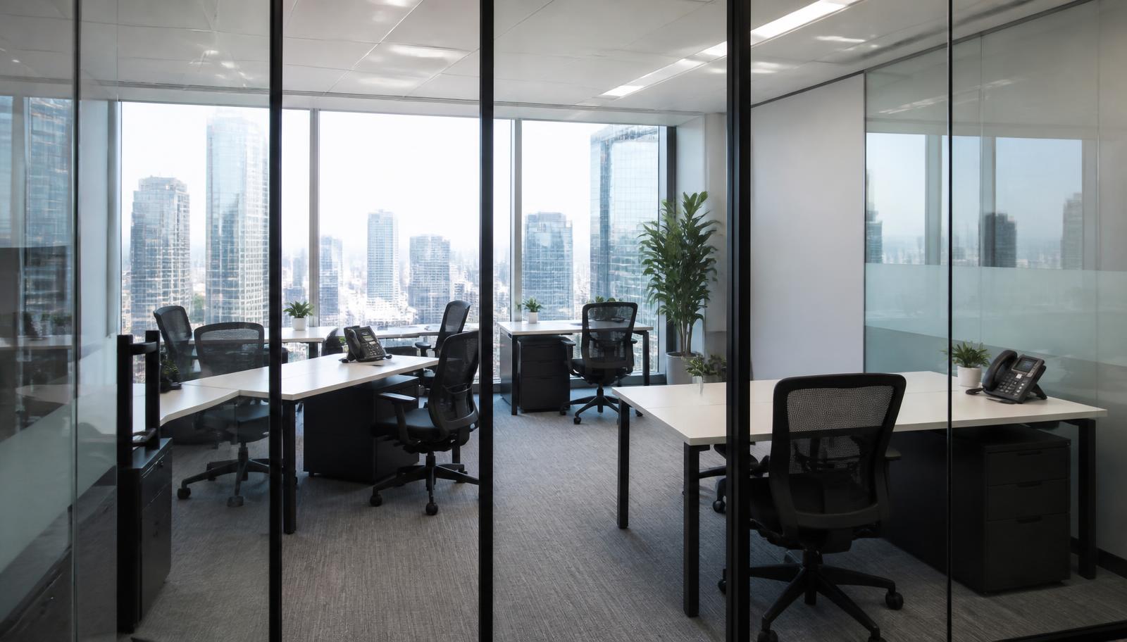 Private serviced office suite with glass partitions and city view