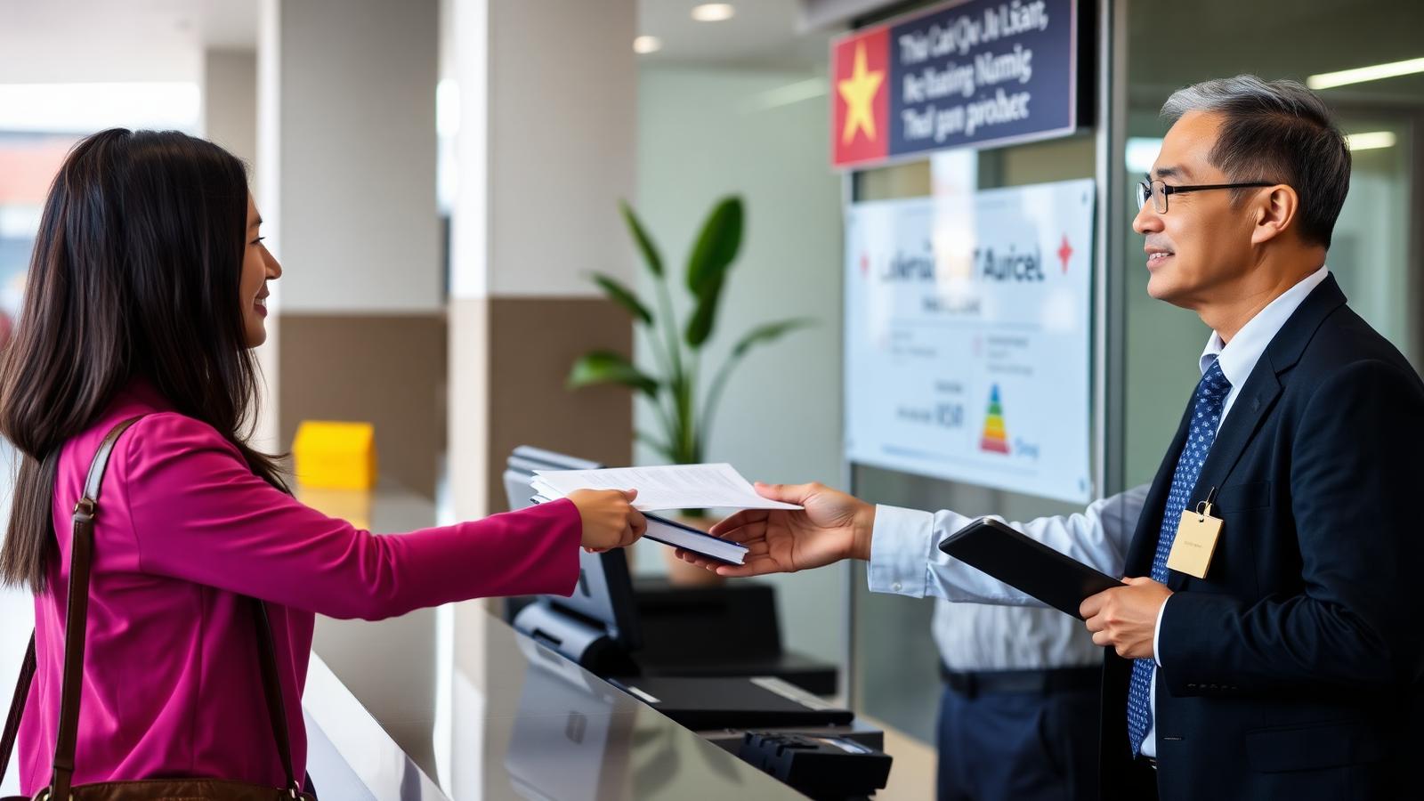 Foreign professional submitting work permit documents at a Vietnamese government service counter